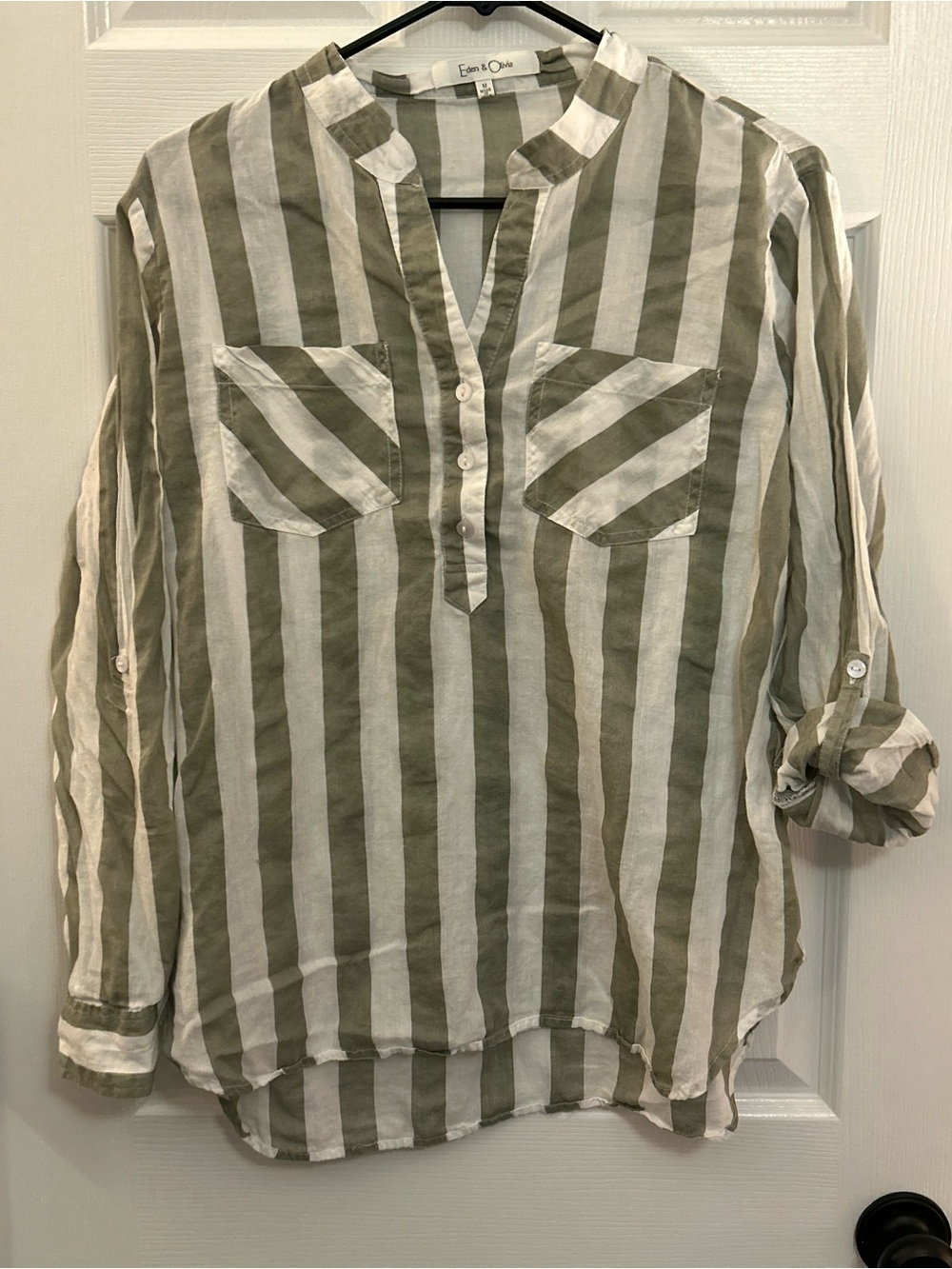 Eden & Olivia Olive White Striped Roll Tab Blouse Medium